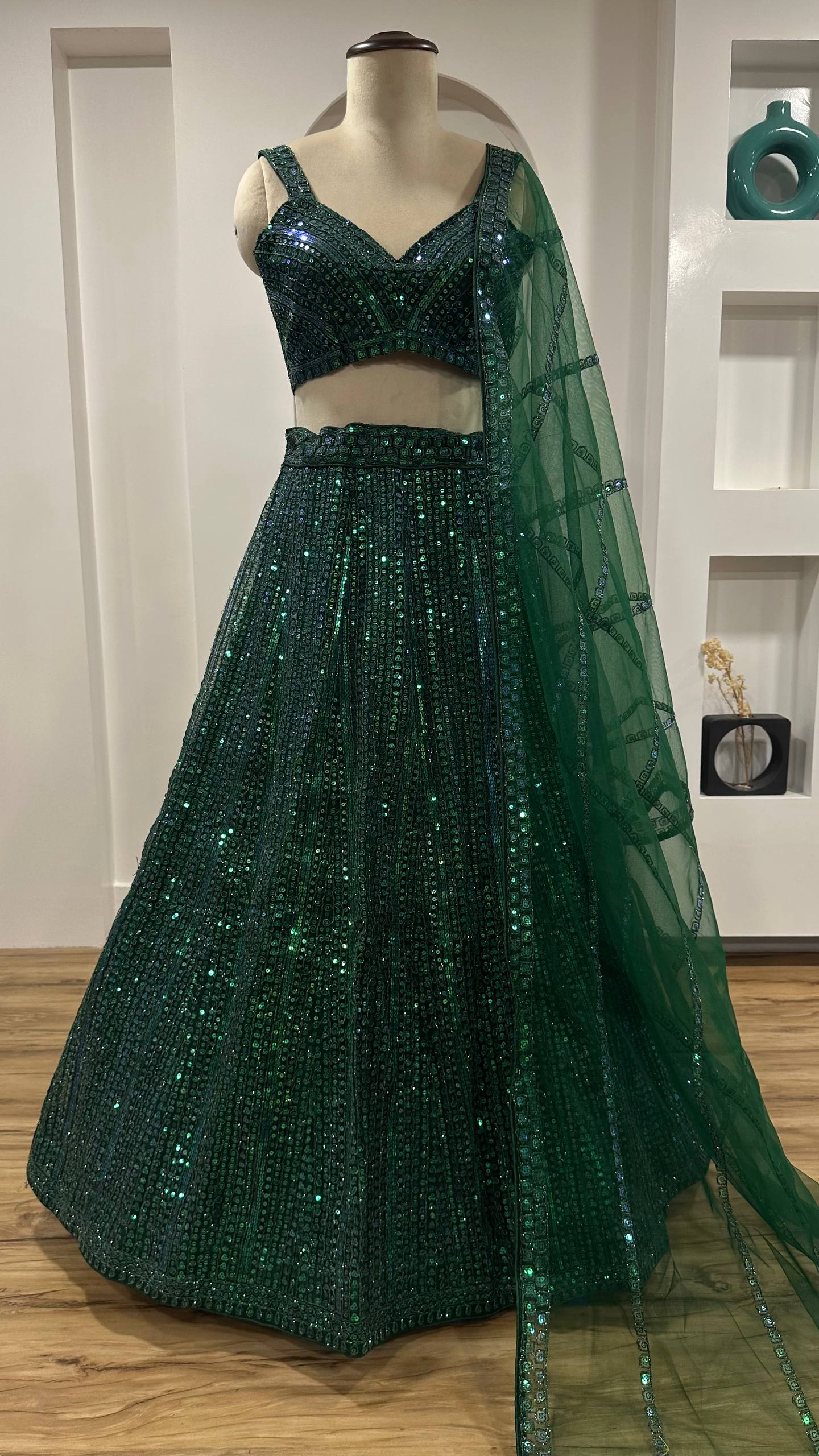 Green Rainbow Sequins & Dori Work Net Lehenga Choli with Dupatta – Ready to Ship