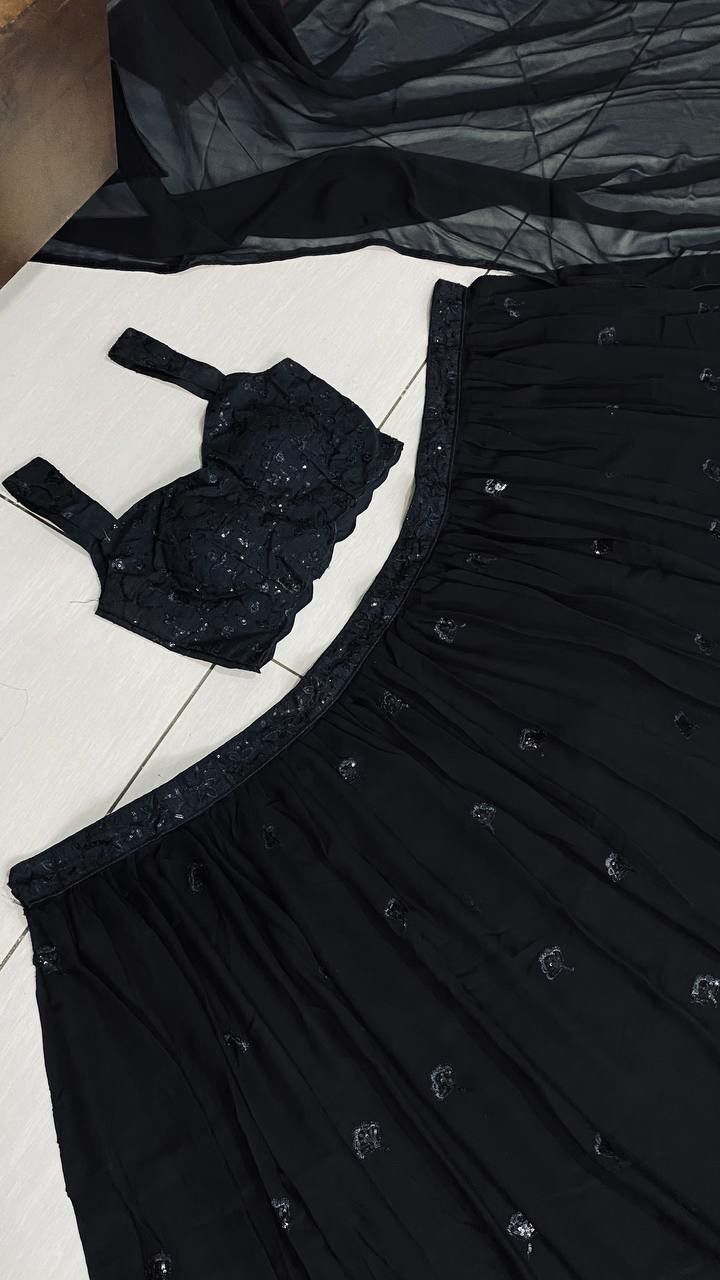 Black Georgette Lehenga with Sequins & Thread Work | Banglori Satin Blouse & Dupatta | Party Wear Lehenga Choli Set