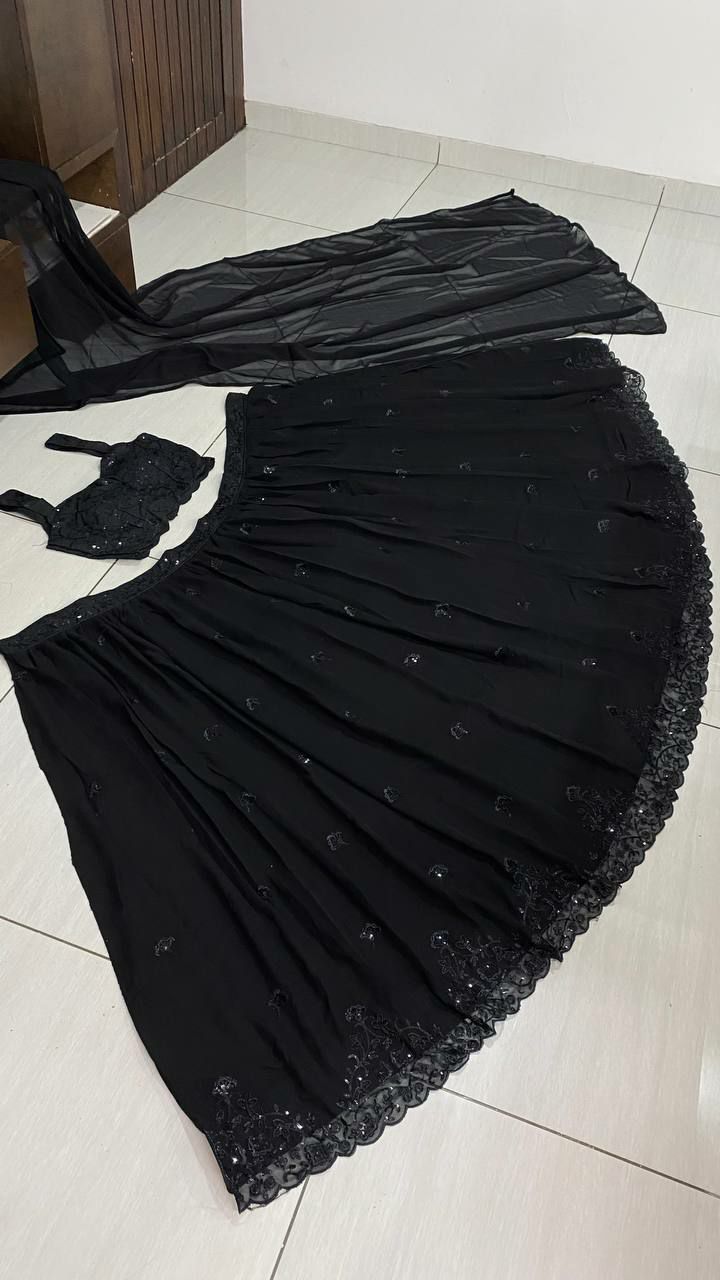 Black Georgette Lehenga with Sequins & Thread Work | Banglori Satin Blouse & Dupatta | Party Wear Lehenga Choli Set
