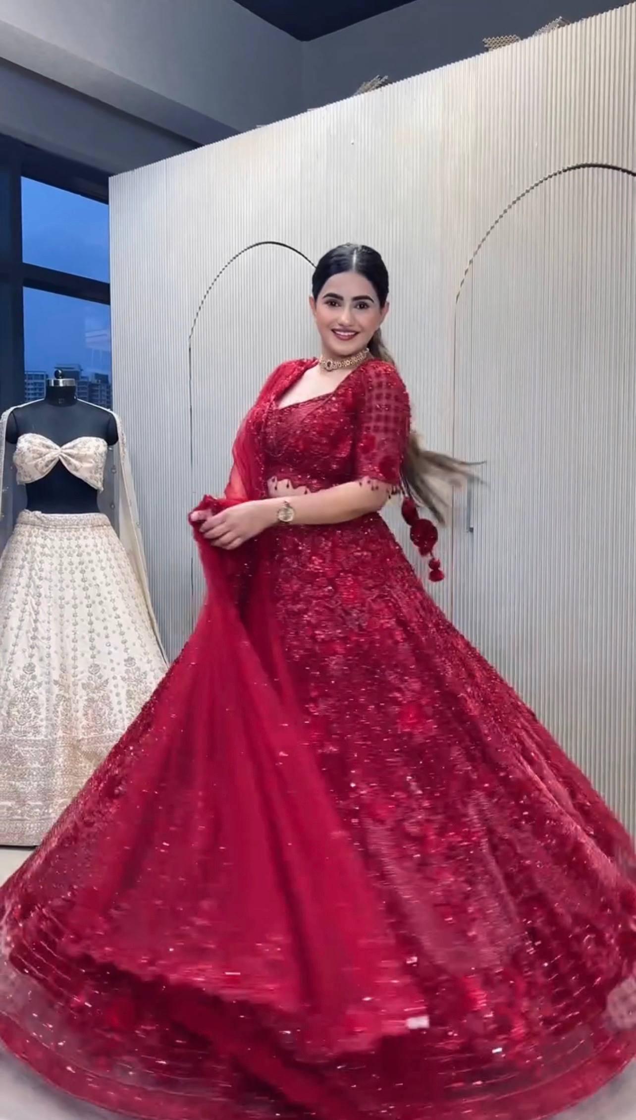 Maroon Net Hand-Embroidered Lehenga Choli with Sequins, Dori & Pearl Work | Bridal & Party Wear