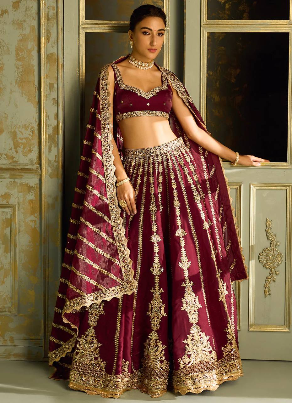 Kasturi Silk Lehenga Choli with Zari, Sequins & Dori Work – Bridal & Party Wear