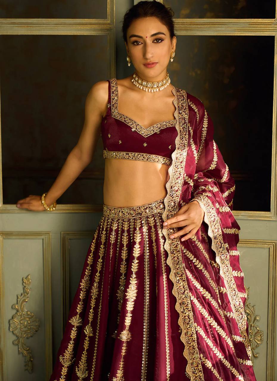 Kasturi Silk Lehenga Choli with Zari, Sequins & Dori Work – Bridal & Party Wear
