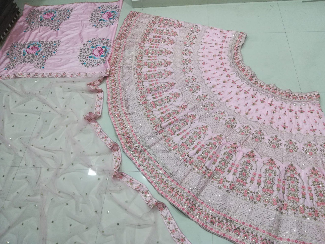 Baby Pink Silk Lehenga Choli Set with Sequins & Thread Embroidery | Made To Measure Wedding Wear