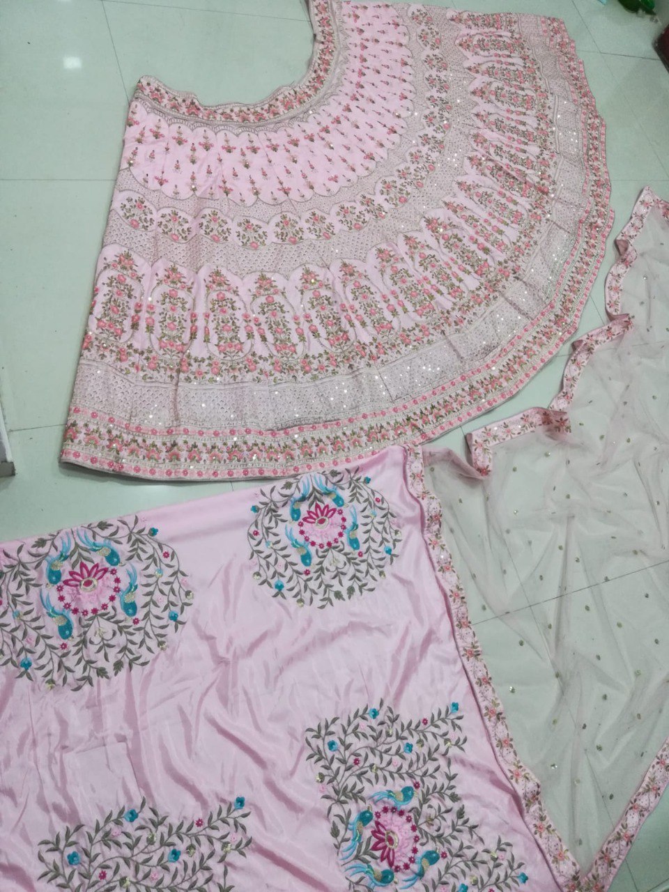 Baby Pink Silk Lehenga Choli Set with Sequins & Thread Embroidery | Made To Measure Wedding Wear