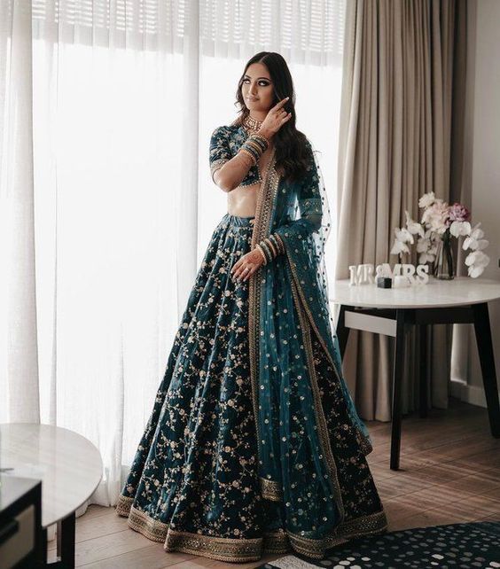 Bottle Green Velvet Lehenga Choli Set with Sequin & Zari Embroidery | made To mMeasure Bridal Wear