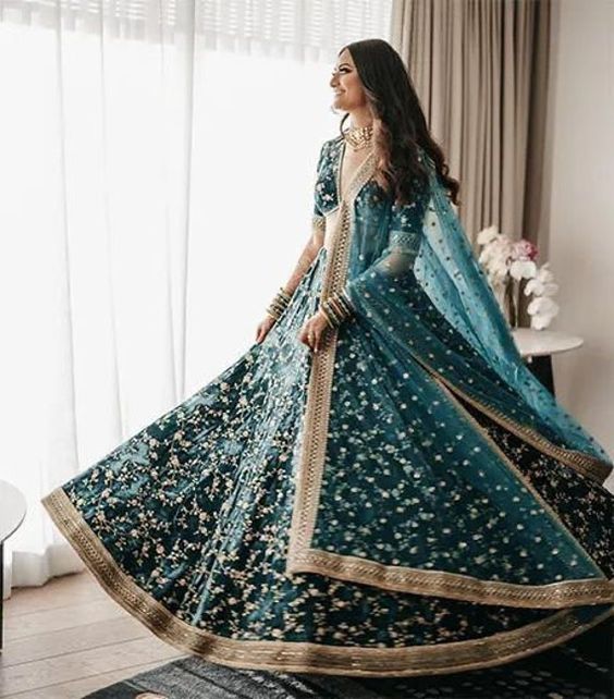 Bottle Green Velvet Lehenga Choli Set with Sequin & Zari Embroidery | made To mMeasure Bridal Wear