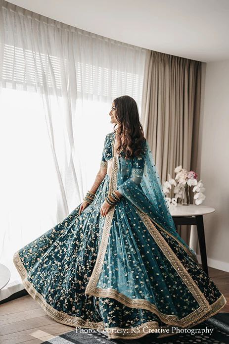 Bottle Green Velvet Lehenga Choli Set with Sequin & Zari Embroidery | made To mMeasure Bridal Wear