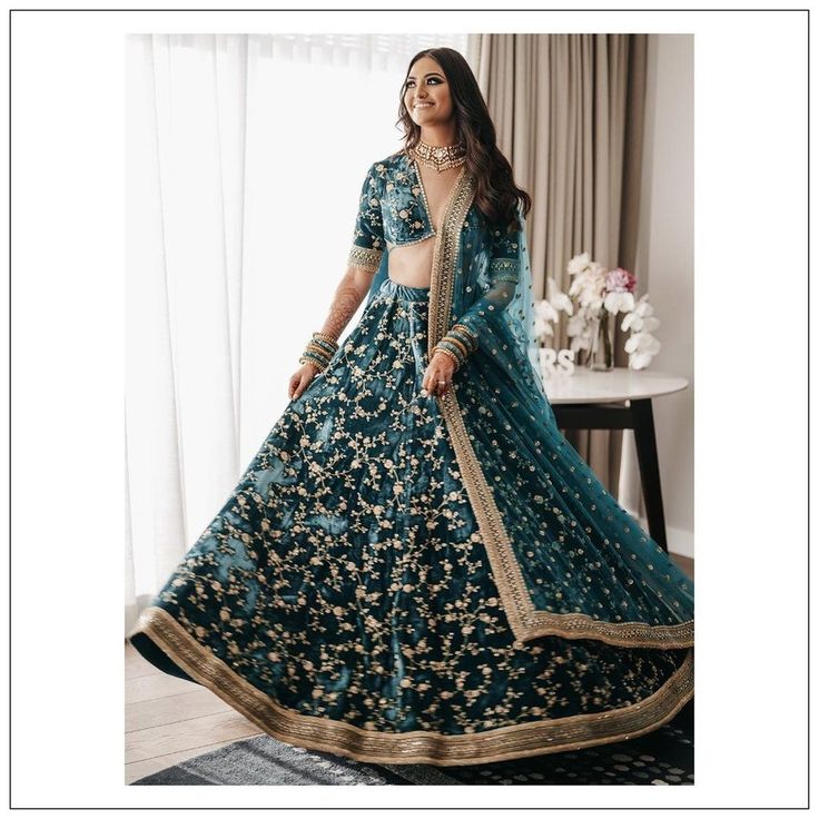 Bottle Green Velvet Lehenga Choli Set with Sequin & Zari Embroidery | made To mMeasure Bridal Wear