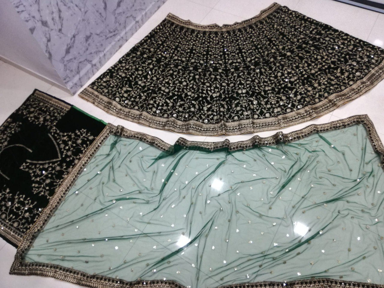Bottle Green Velvet Lehenga Choli Set with Sequin & Zari Embroidery | made To mMeasure Bridal Wear (Copy)