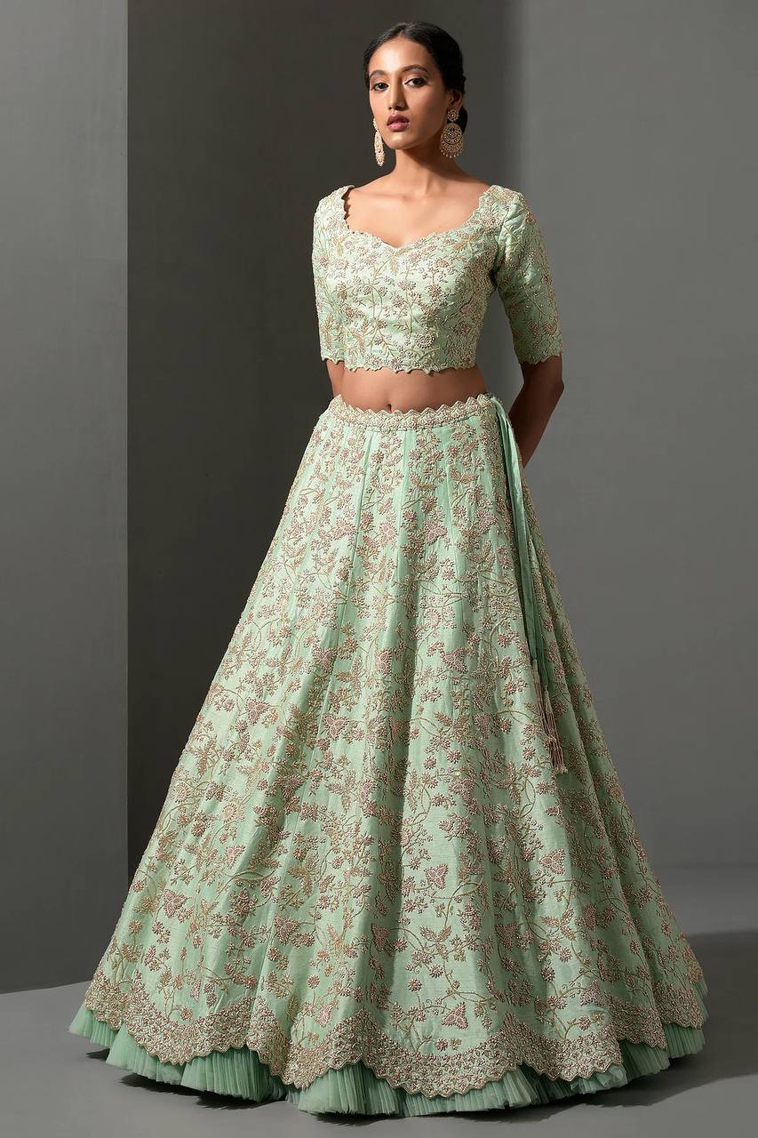 Mint Green Embroidered Silk Lehenga Choli with Pastel Peach Dupatta | Designer Wedding & Party Wear