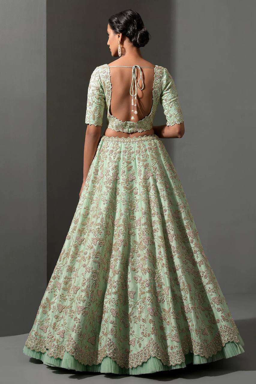 Mint Green Embroidered Silk Lehenga Choli with Pastel Peach Dupatta | Designer Wedding & Party Wear