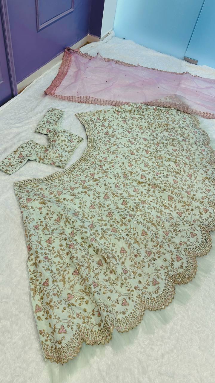 Mint Green Embroidered Silk Lehenga Choli with Pastel Peach Dupatta | Designer Wedding & Party Wear