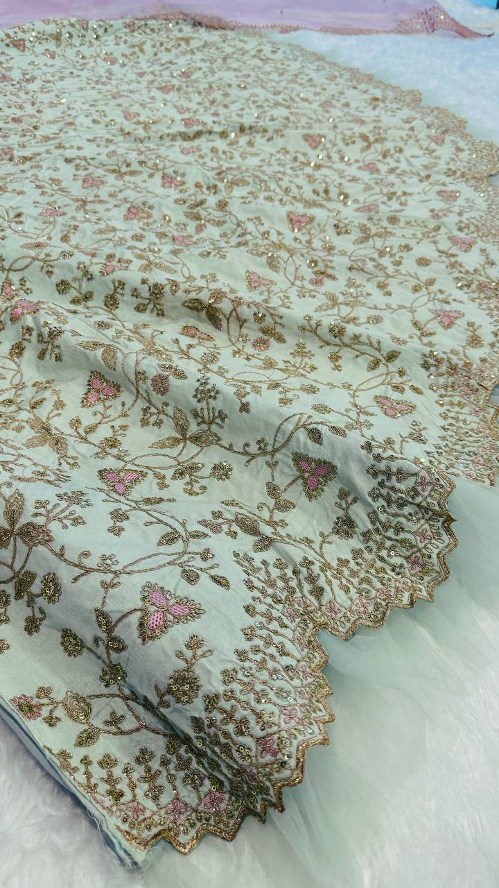 Mint Green Embroidered Silk Lehenga Choli with Pastel Peach Dupatta | Designer Wedding & Party Wear