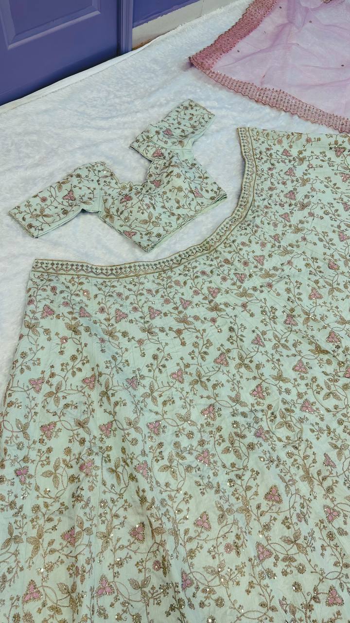 Mint Green Embroidered Silk Lehenga Choli with Pastel Peach Dupatta | Designer Wedding & Party Wear