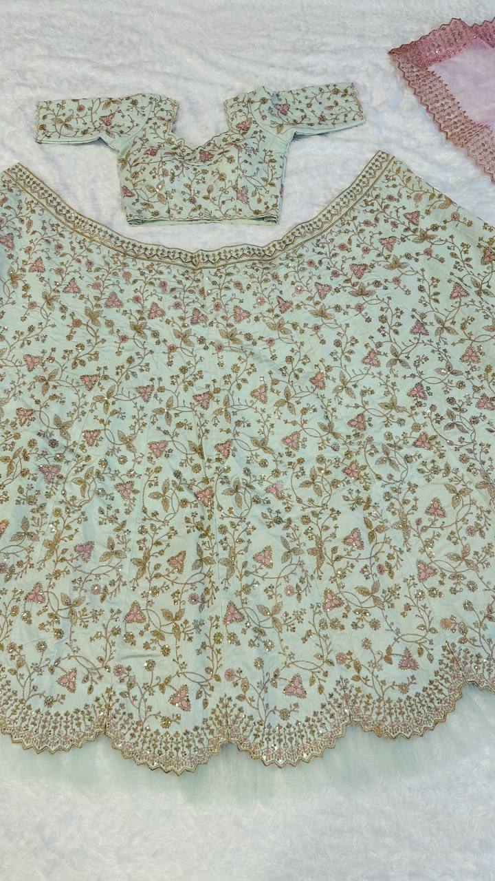 Mint Green Embroidered Silk Lehenga Choli with Pastel Peach Dupatta | Designer Wedding & Party Wear