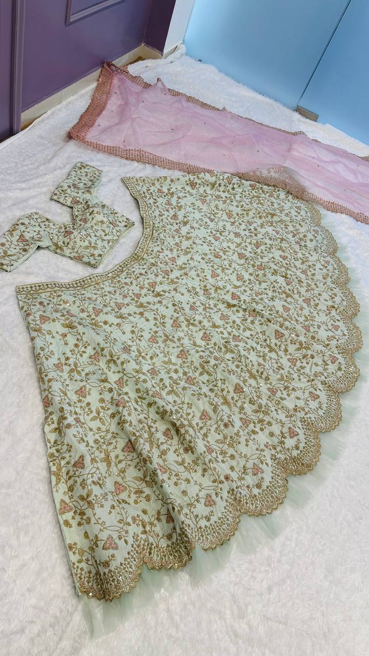 Mint Green Embroidered Silk Lehenga Choli with Pastel Peach Dupatta | Designer Wedding & Party Wear