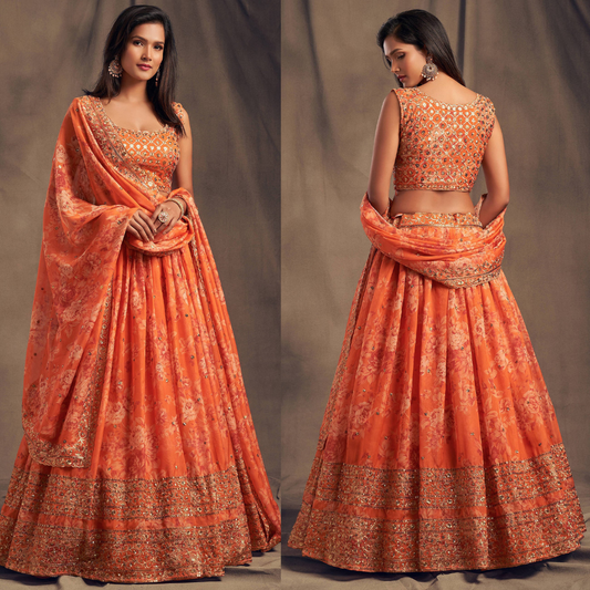Orange Floral Printed Organza Festival Lehenga Choli – Zari & Sequins Hand Embroidery