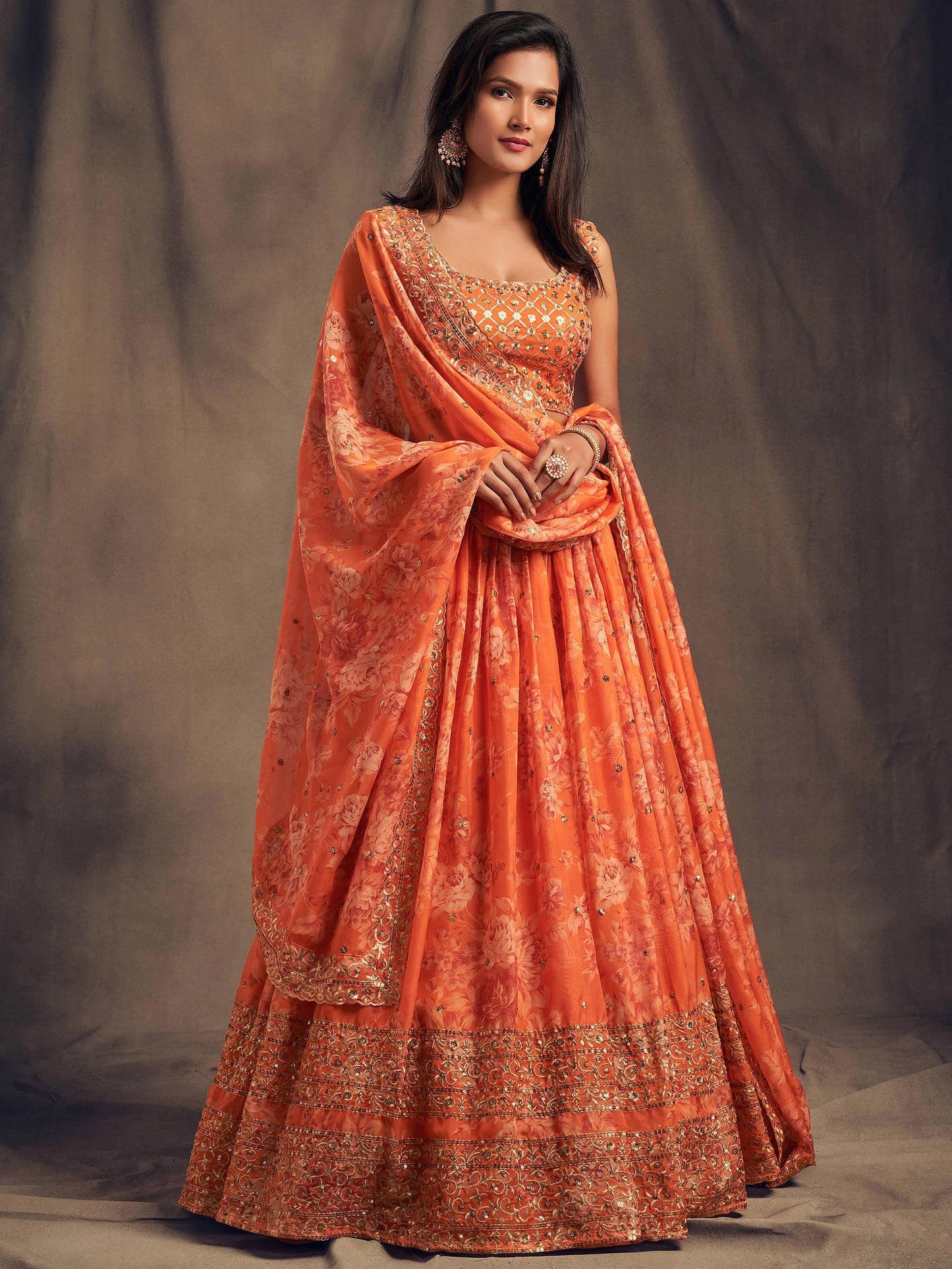Orange Floral Printed Organza Festival Lehenga Choli – Zari & Sequins Hand Embroidery