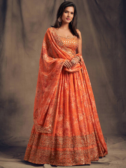 Orange Floral Printed Organza Festival Lehenga Choli – Zari & Sequins Hand Embroidery