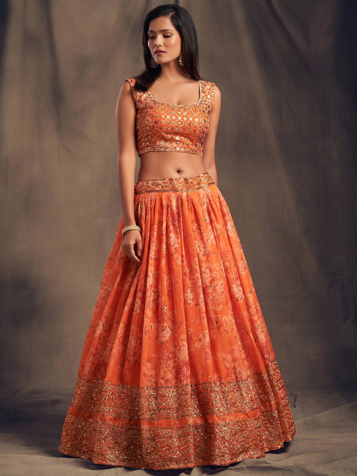 Orange Floral Printed Organza Festival Lehenga Choli – Zari & Sequins Hand Embroidery
