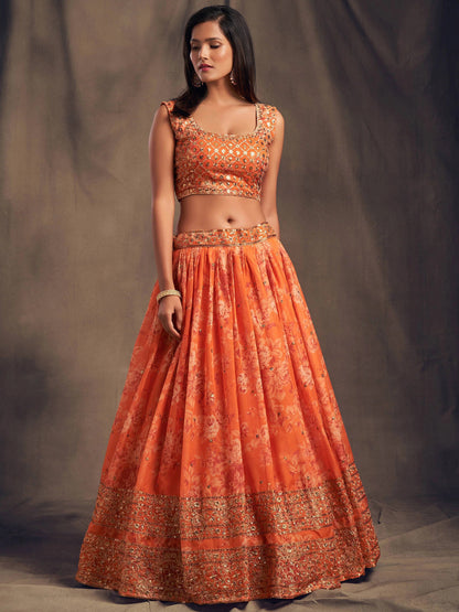 Orange Floral Printed Organza Festival Lehenga Choli – Zari & Sequins Hand Embroidery