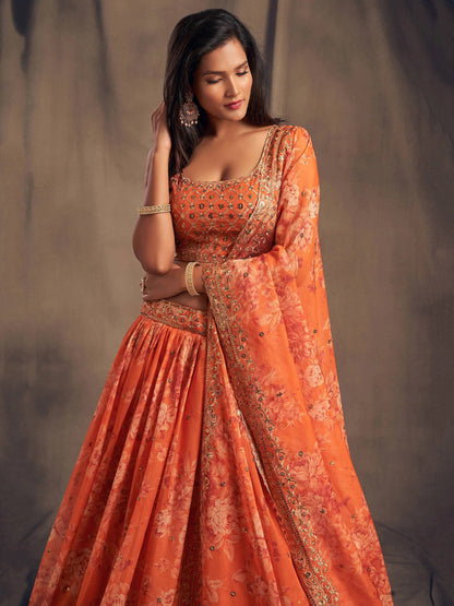 Orange Floral Printed Organza Festival Lehenga Choli – Zari & Sequins Hand Embroidery