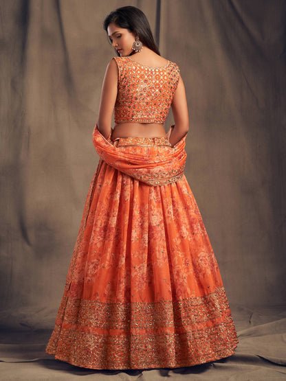 Orange Floral Printed Organza Festival Lehenga Choli – Zari & Sequins Hand Embroidery