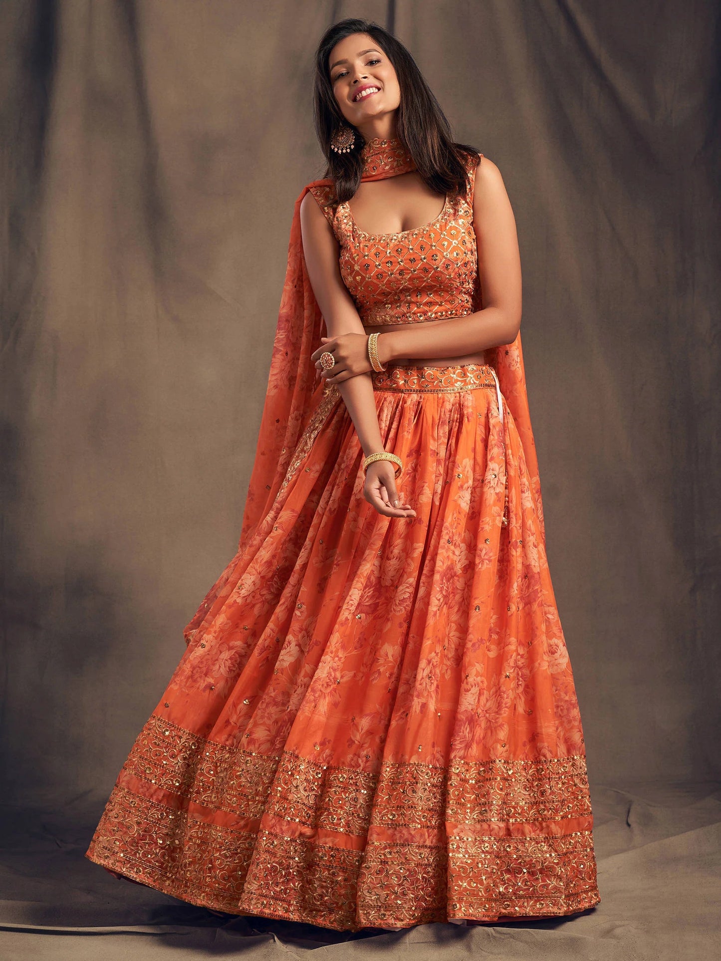 Orange Floral Printed Organza Festival Lehenga Choli – Zari & Sequins Hand Embroidery