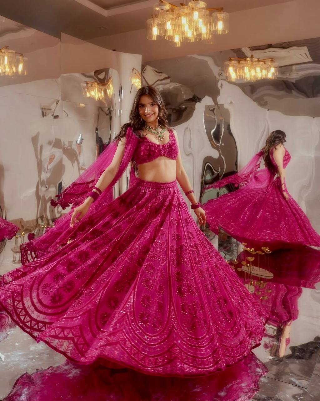Hot Pink Kasturi Silk Lehenga Choli with Velvet Blouse & Net Dupatta | Heavy Thread, Sequins & Dori Work | Bridal & Party Wear