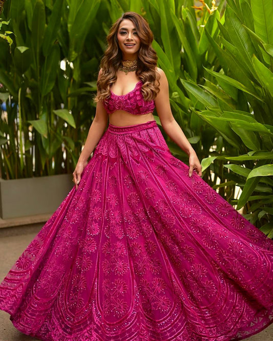 Hot Pink Kasturi Silk Lehenga Choli with Velvet Blouse & Net Dupatta | Heavy Thread, Sequins & Dori Work | Bridal & Party Wear