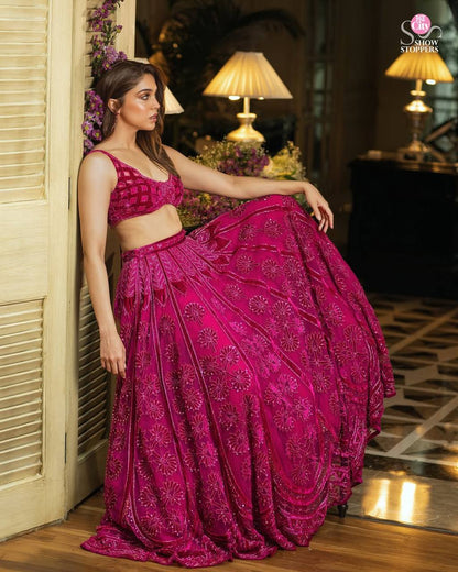 Hot Pink Kasturi Silk Lehenga Choli with Velvet Blouse & Net Dupatta | Heavy Thread, Sequins & Dori Work | Bridal & Party Wear