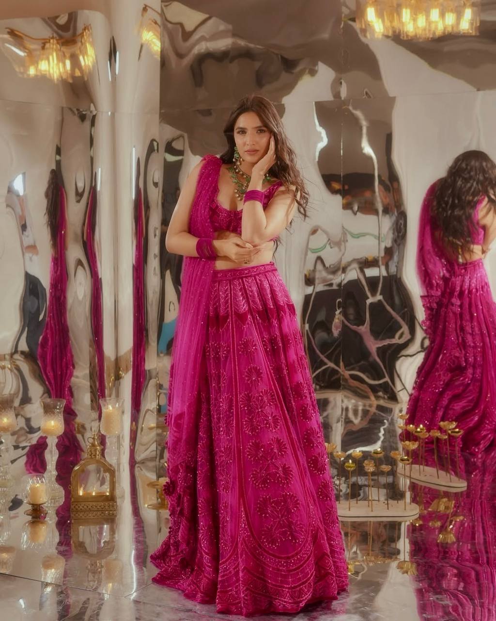Hot Pink Kasturi Silk Lehenga Choli with Velvet Blouse & Net Dupatta | Heavy Thread, Sequins & Dori Work | Bridal & Party Wear