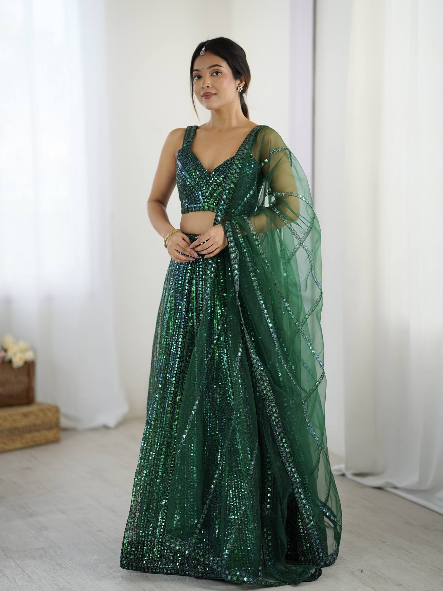 Green Rainbow Sequins & Dori Work Net Lehenga Choli with Dupatta – Ready to Ship (Copy)
