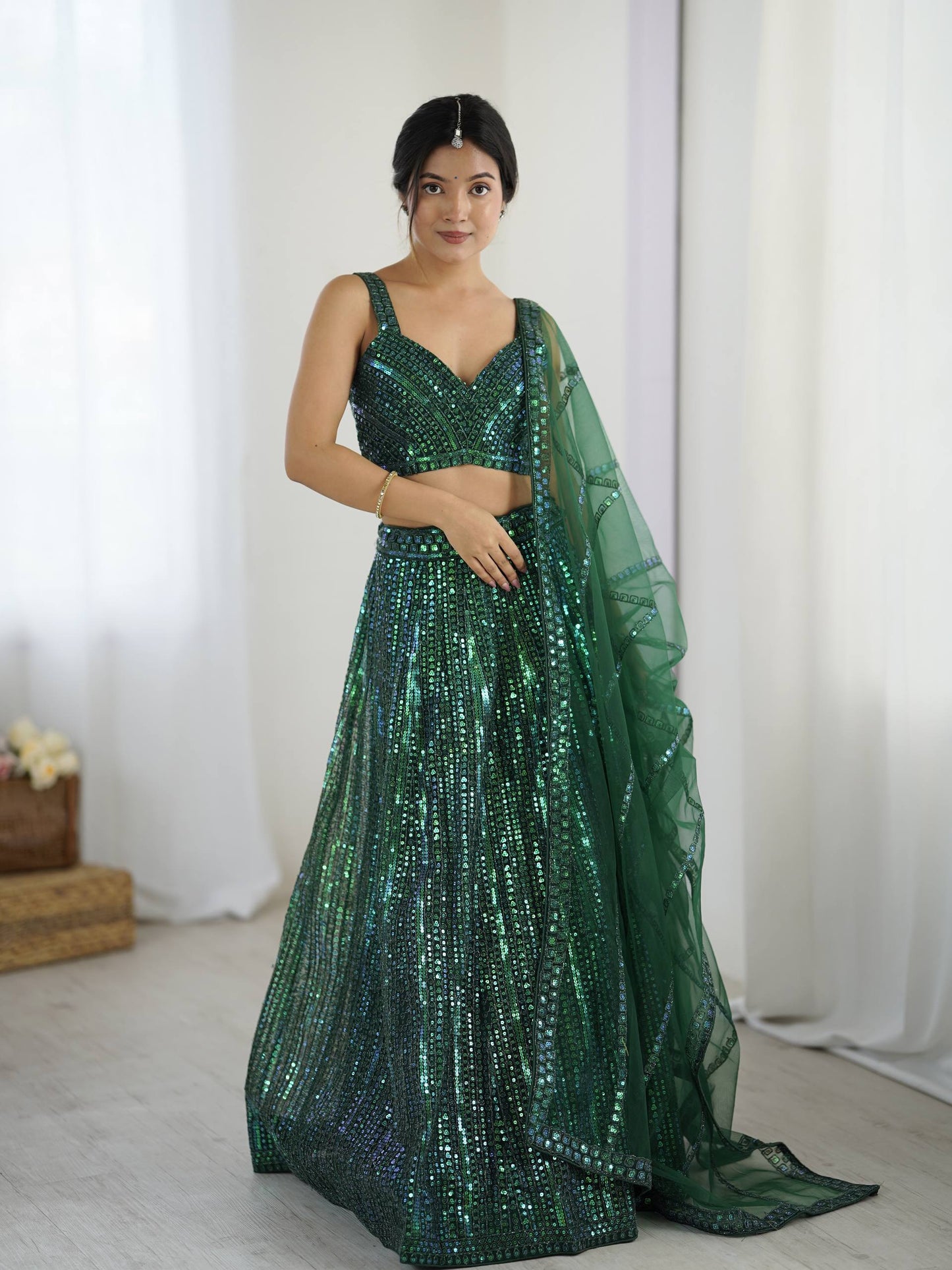 Green Rainbow Sequins & Dori Work Net Lehenga Choli with Dupatta – Ready to Ship (Copy)