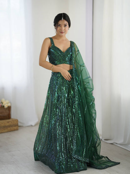 Green Rainbow Sequins & Dori Work Net Lehenga Choli with Dupatta – Ready to Ship (Copy)