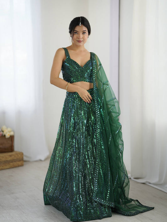 Green Rainbow Sequins & Dori Work Net Lehenga Choli with Dupatta – Ready to Ship (Copy)
