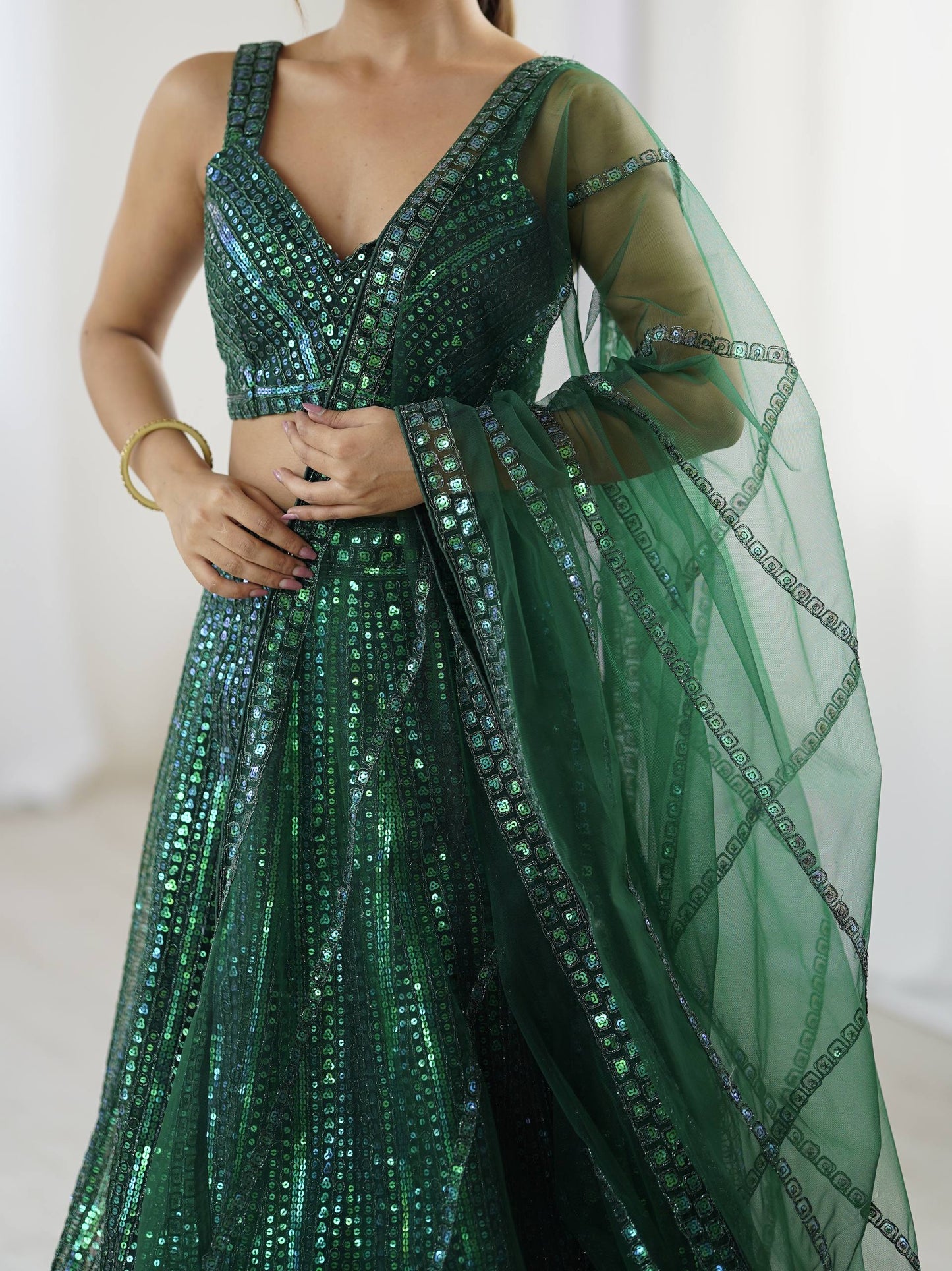 Green Rainbow Sequins & Dori Work Net Lehenga Choli with Dupatta – Ready to Ship (Copy)