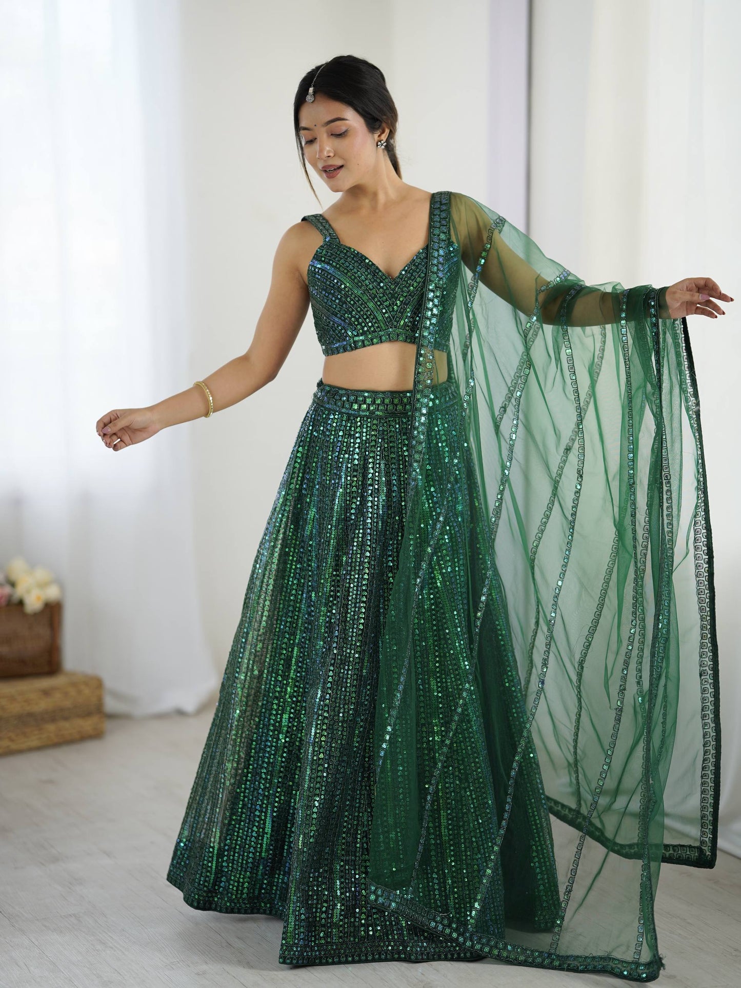 Green Rainbow Sequins & Dori Work Net Lehenga Choli with Dupatta – Ready to Ship (Copy)