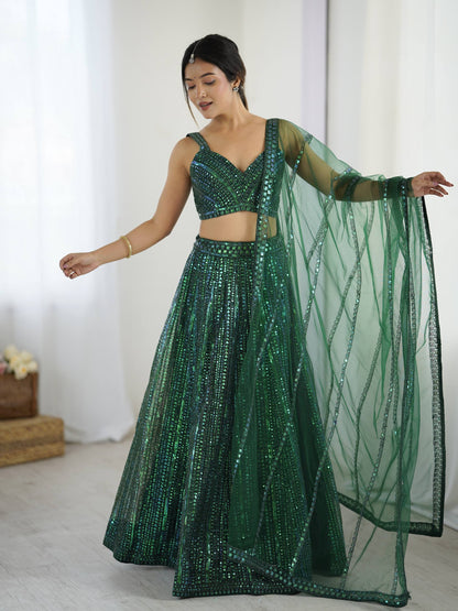 Green Rainbow Sequins & Dori Work Net Lehenga Choli with Dupatta – Ready to Ship (Copy)