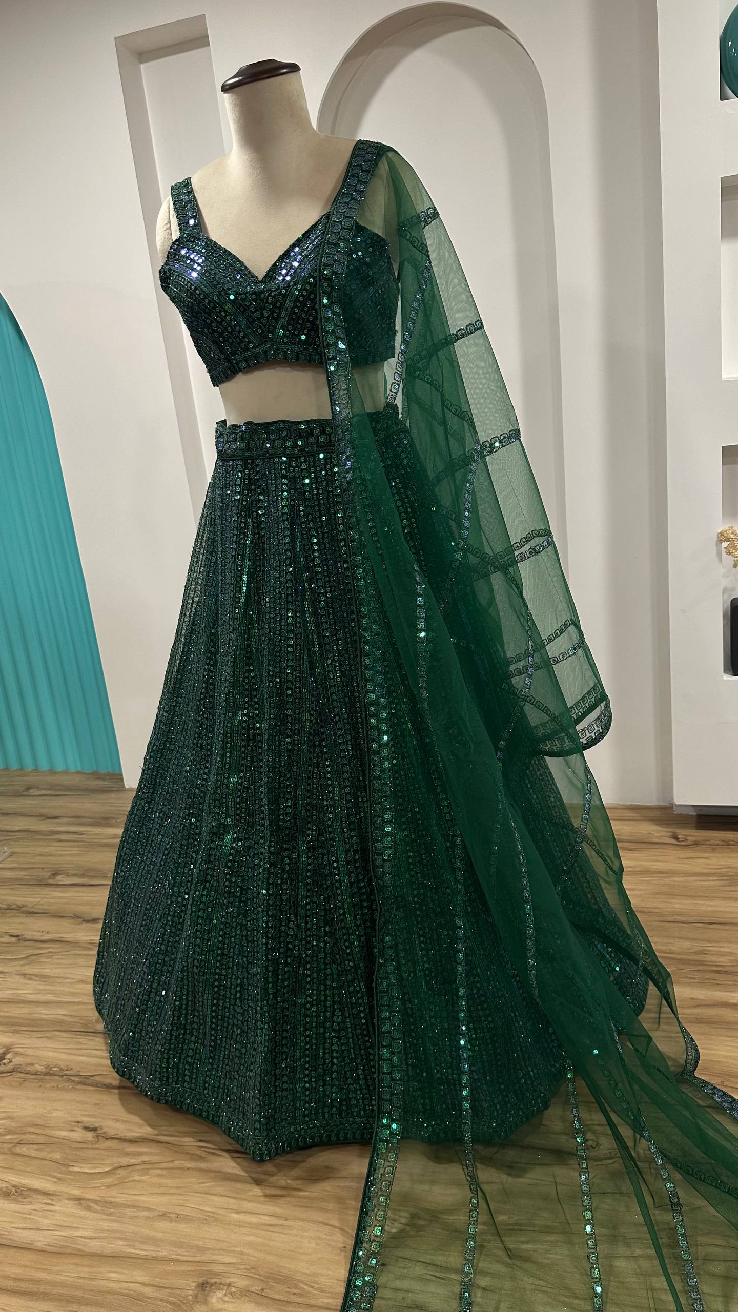 Green Rainbow Sequins & Dori Work Net Lehenga Choli with Dupatta – Ready to Ship