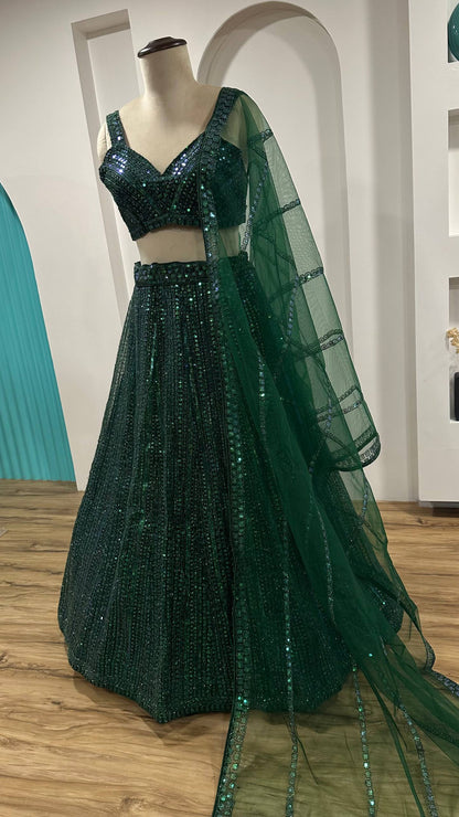 Green Rainbow Sequins & Dori Work Net Lehenga Choli with Dupatta – Ready to Ship