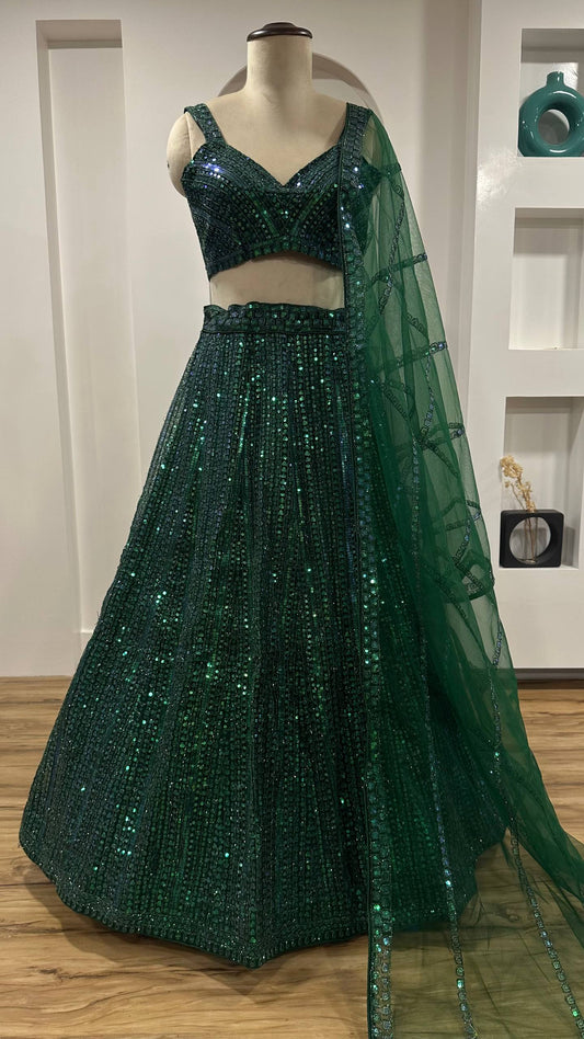 Green Rainbow Sequins & Dori Work Net Lehenga Choli with Dupatta – Ready to Ship