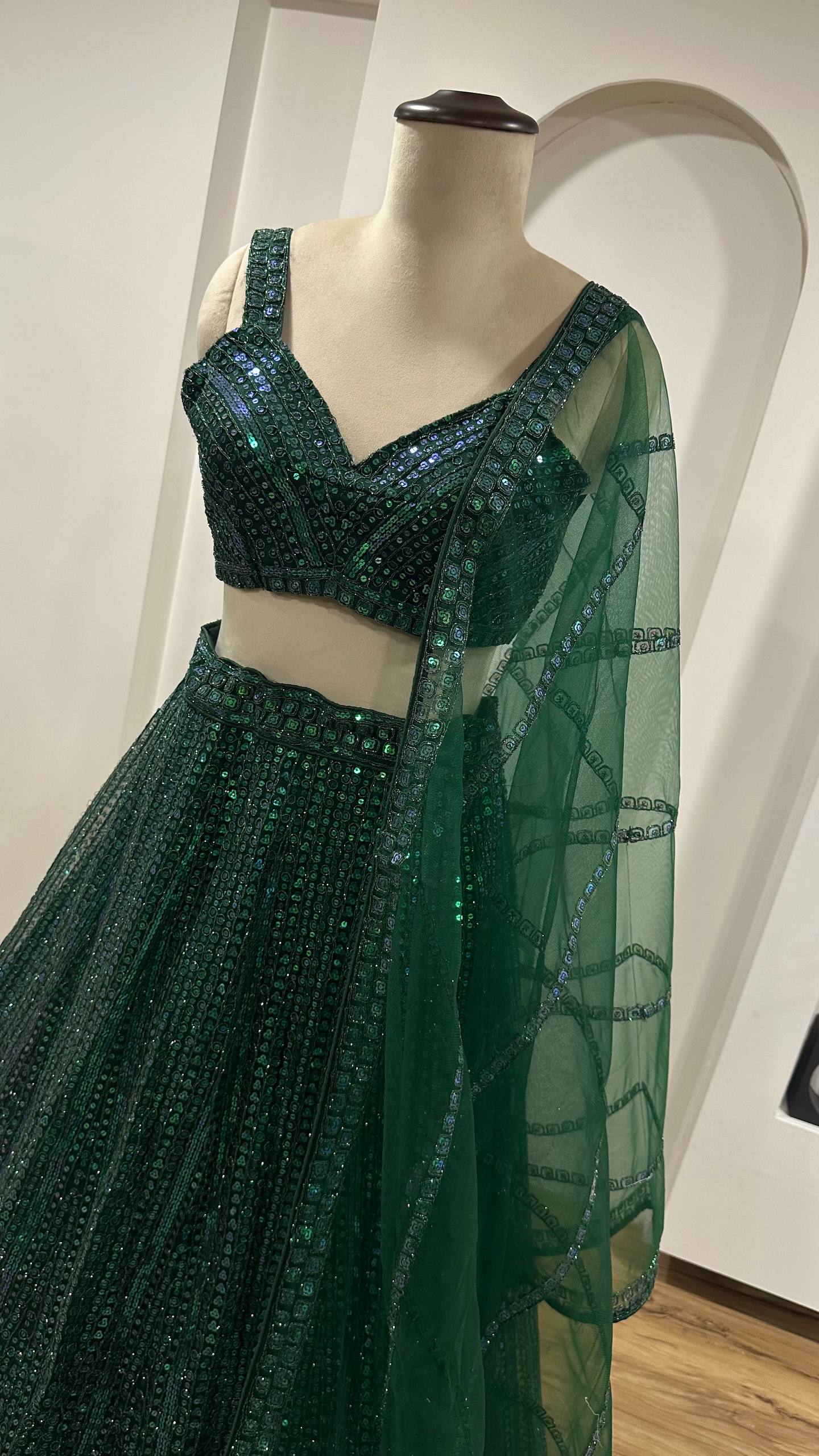 Green Rainbow Sequins & Dori Work Net Lehenga Choli with Dupatta – Ready to Ship