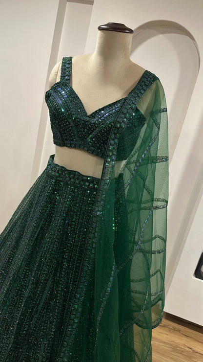 Green Rainbow Sequins & Dori Work Net Lehenga Choli with Dupatta – Ready to Ship