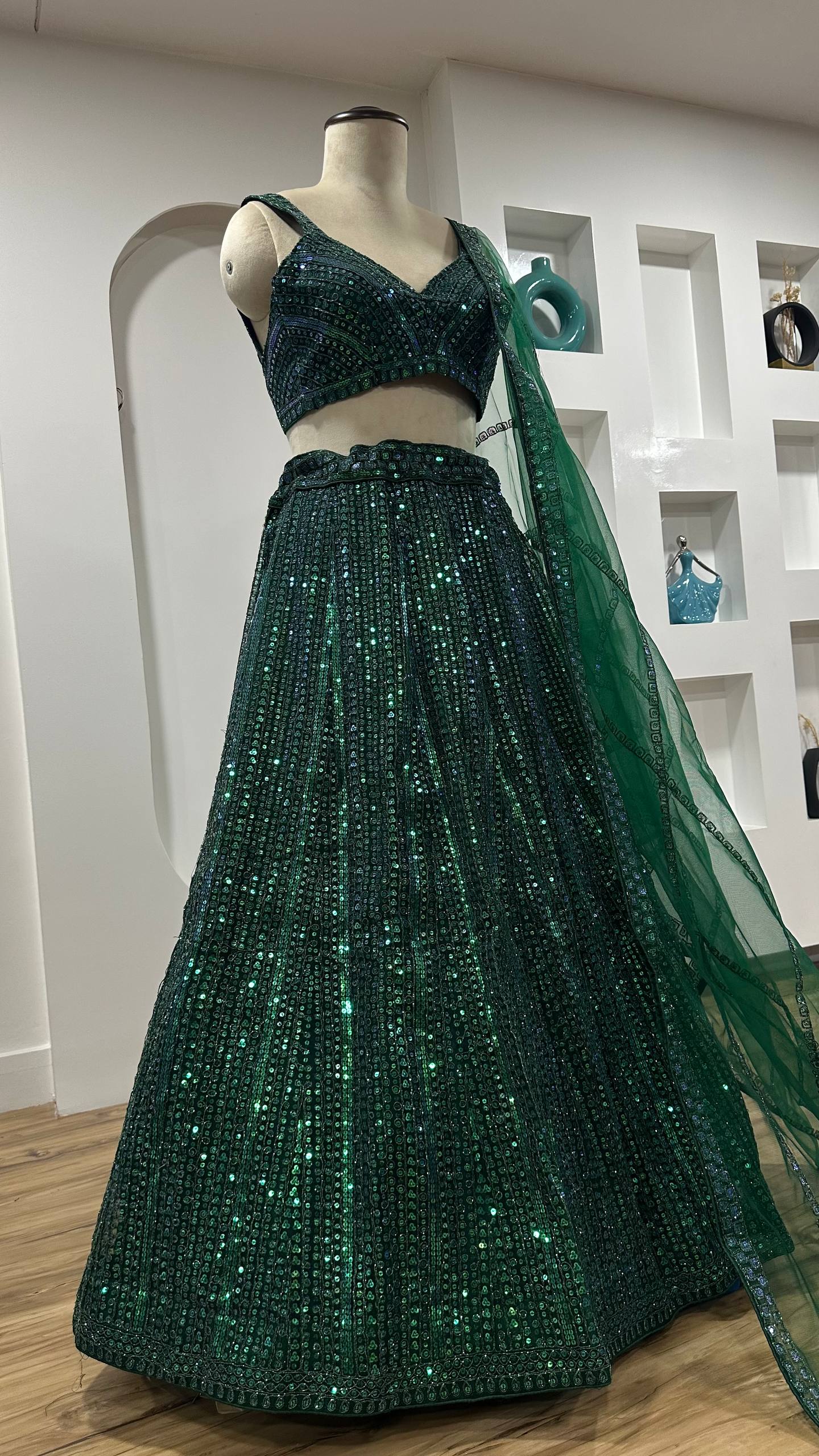 Green Rainbow Sequins & Dori Work Net Lehenga Choli with Dupatta – Ready to Ship