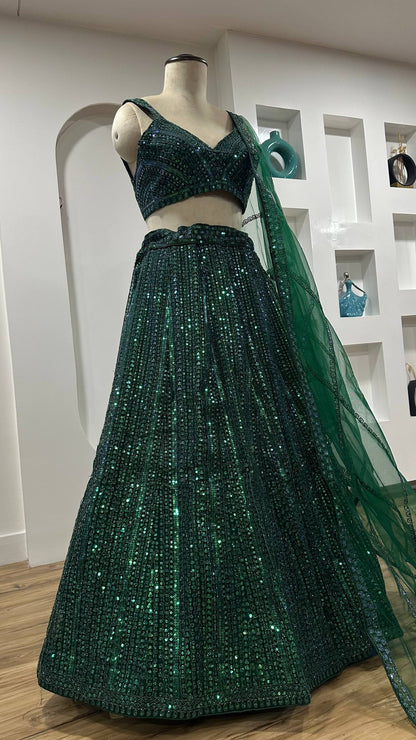 Green Rainbow Sequins & Dori Work Net Lehenga Choli with Dupatta – Ready to Ship