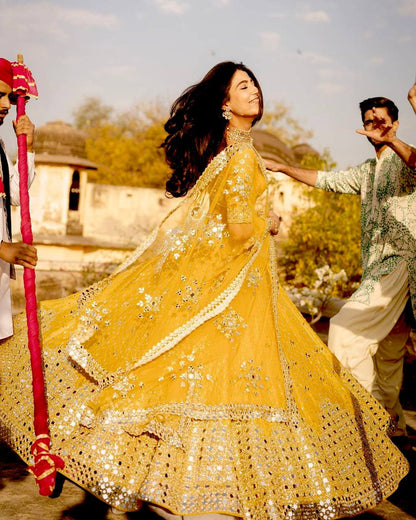 Yellow Georgette Lehenga Choli with Paper Mirror Work | Bridal & Party Wear Lehenga Set with Dupatta