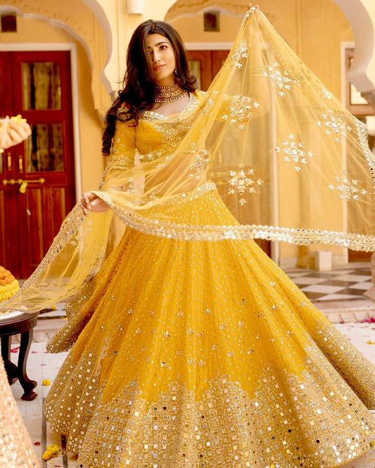 Yellow Georgette Lehenga Choli with Paper Mirror Work | Bridal & Party Wear Lehenga Set with Dupatta