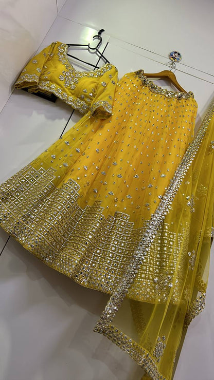 Yellow Georgette Lehenga Choli with Paper Mirror Work | Bridal & Party Wear Lehenga Set with Dupatta