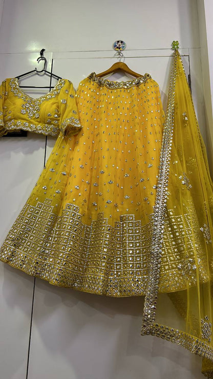 Yellow Georgette Lehenga Choli with Paper Mirror Work | Bridal & Party Wear Lehenga Set with Dupatta